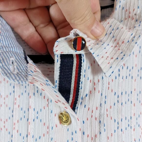 Tommy Hilfiger Pintuck 1/4 Button Roll Tab White Red Blue Tunic Top Size XL EUC - Picture 8 of 10